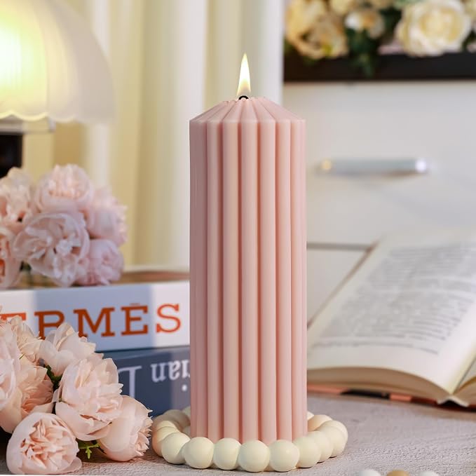 Pink Ribbed Pillar Candle Set of 3 - Wild Bluebell Scented Soy Wax Candle,Aesthetic Decorative Textured Pillar for Home Decor-2.8x4,6,8in Long Lasting Fragrance for Home Decor,Gifts,Spa,Wedding