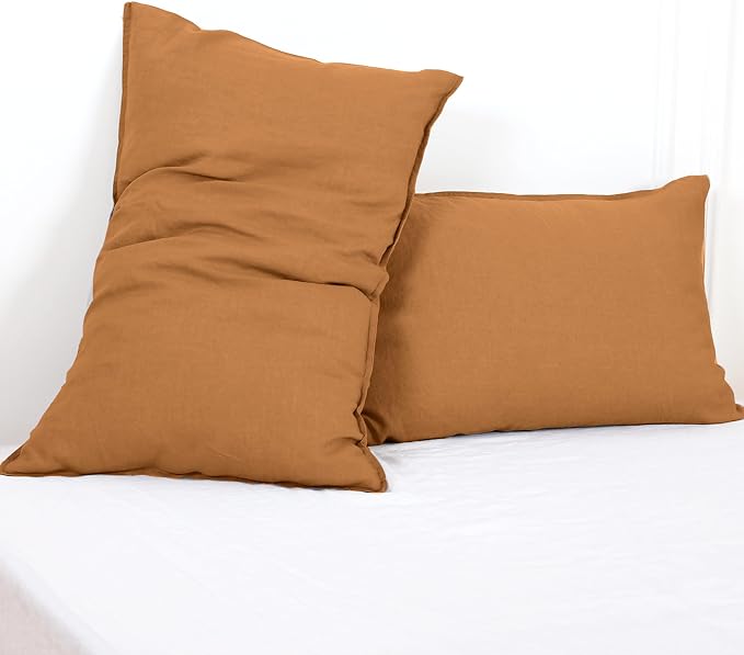 Simple&Opulence 100% Linen Pillowcases Basic Style Solid Color Set of 2, Queen Size Stone Washed Flax Pillow Cover Envelope Closure (20''x30'', Rust)