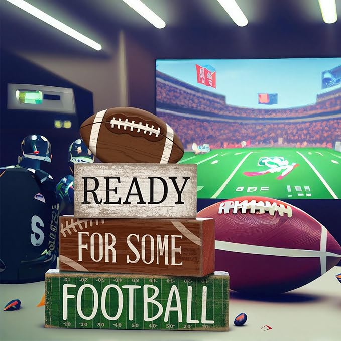 Yuntau 4pcs Football Christmas Table Decoration Happy Football Wooden Block Sign Rugby Tiered Tray Decor Centerpiece Decorative Faux Book Stack for Holiday Tabletop Fireplace Shelf Desk Party Decor