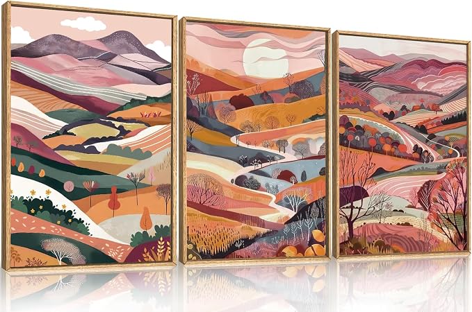 KAIRNE Boho Colorful Mountain Framed Canvas Wall Art Set,Abstract Pink Landscape Wall Decor,Watercolor Forest Art Prints,Nature Scenery Artwork for Living Room,Bedroom,Farmhouse,Office-16 x24 x3