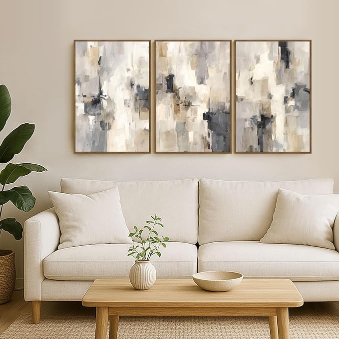 SAFERRYHOME Abstract Neutral Framed Canvas Wall Art, Minimalist Wall Decor Art Print, Modern Gray Brown Pastel Walls Painting Watercolor Artwork for Living Room, Bedroom, Dining Room, Office, 24"x36"x3