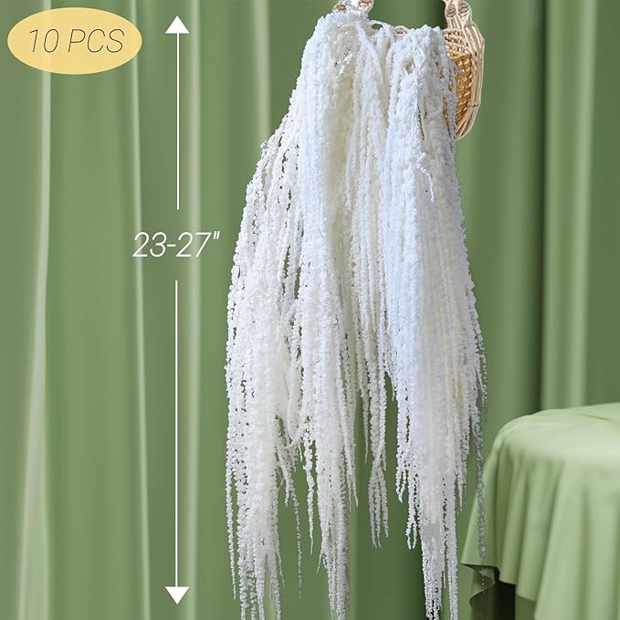Glicrili 10Pcs Natural Dried Wisteria Hanging Flowers - 23" Bleached White Preserved Amaranthus for Wedding Decor, Dry Flowers Arrangement, Garlands, Home Decor, Vase Filler, Wall Decoration