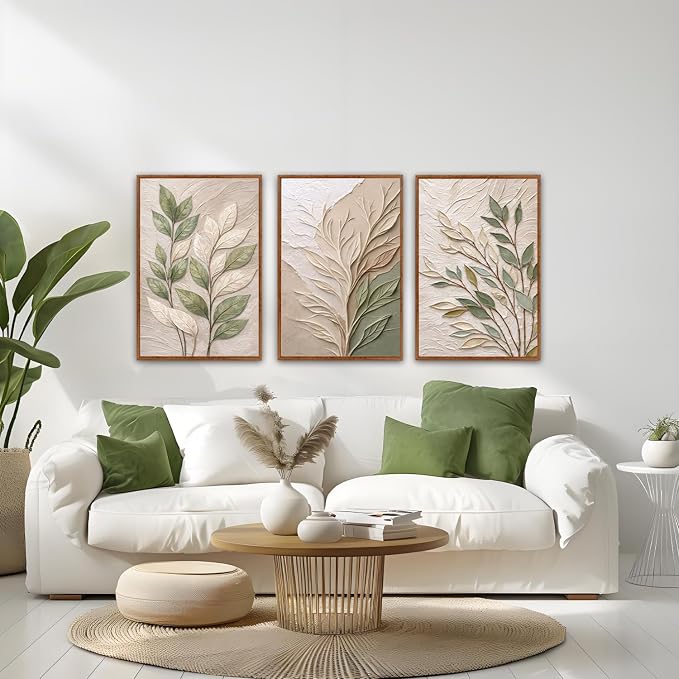 CHDITB 3D Neutral Foliage Impasto Textured Leaf Framed Canvas Wall Art Set, Sage Green Boho Botanical Rustic Country Wall Decor, Earth Tone Plant Art Prints for Living Room Bedroom Farmhouse 16"x24"x3