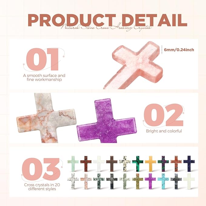 Nuenen 50 Pcs Easter Cross Crystal Stone Bulks 1'' Natural Crystal Wall Cross Shaped Worry Stones Charm Pocket Quartz Gift Halloween Easter Decor(1.5 x 1.06 x 0.24 Inch,Lovely)
