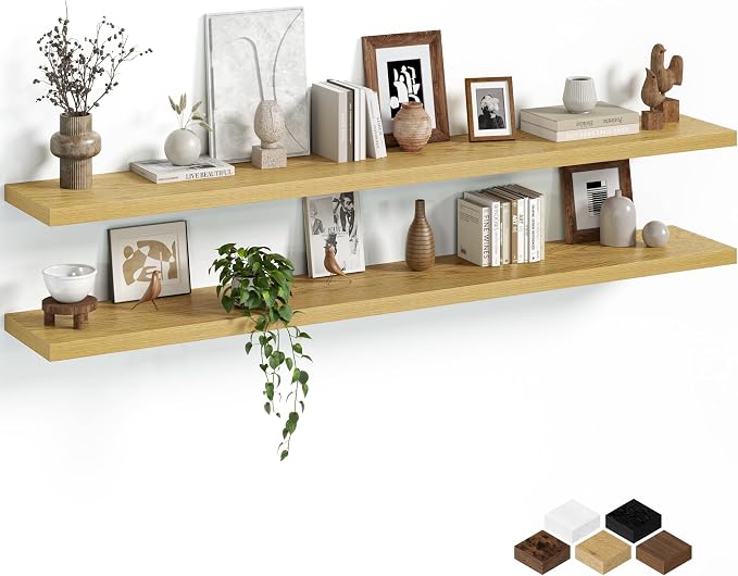Fun Memories Floating Shelves for Wall, 66 Inch Long Set of 2 Rustic Wood Wall Shelves with Invisible Brackets, Heavy Duty Storage Display for Living Room Bedroom Kitchen, Oak