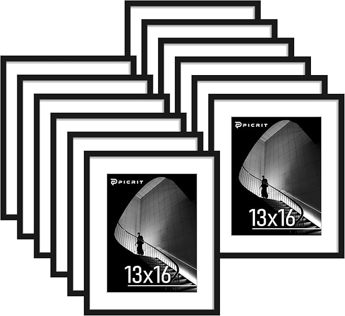 Picrit 13x16 Picture Frame Set of 12, Display 10 x 13 with Mat or 13 x 16 without Mat, Photo Frames for Wall Mounting Display, Black
