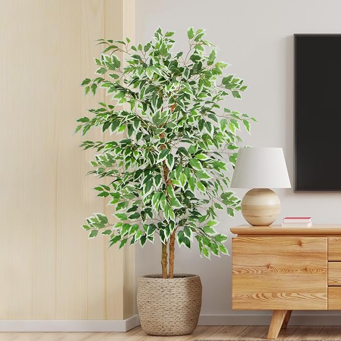 GTIDEA 5ft Ficus Tree Artificial, Tall Fake Tree with Natural Trunk Faux Trees Indoor Silk Ficus Leaves Artificial Trees for Home Decor Indoor Summer Office Living Room Outdoor (Included Dried Moss)
