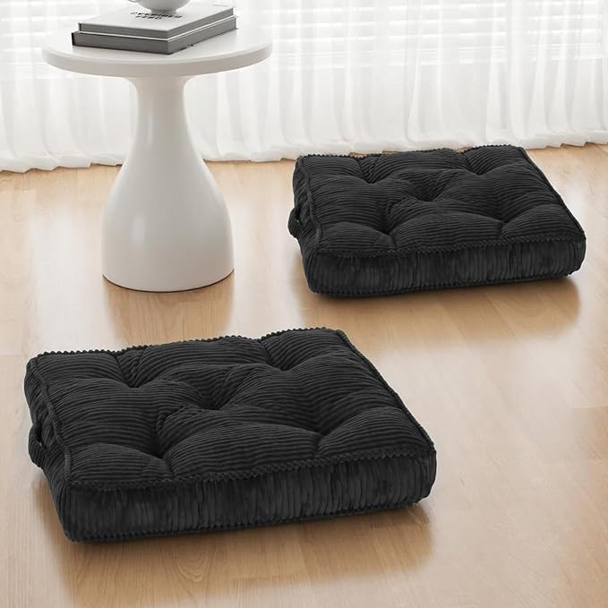 Meditation Floor Cushion Set of 2, 24x24 Tufted Floor Cushion for Adults, Square Large Meditation Cushion Pillow, Corduroy Sitting Pillow with Handle, Yoga Seating for Tatami, Dark Grey