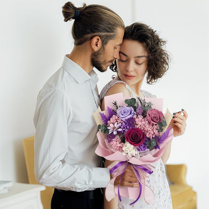Flowers for Delivery Prime Preserved Flower Bouquet That Last 3-5 Years Real Forever Rose Bouquet for Her Women Wife Grandma Girlfriend Anniversary Birthday Mothers Day Gifts for Mom(Purple)