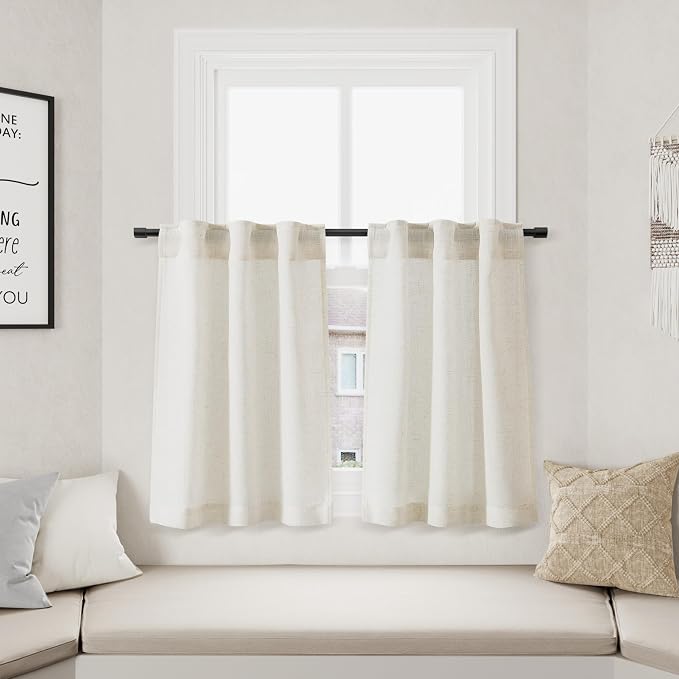 Nanspring Cream Linen Kitchen Curtains 24 Inch Length Tier Ticking Stripe Small Drapes for Living Room Bathroom Cafe Small Window Rustic Light Filtering Flax Back Tab Rod Pocket 2 Panels 18Wx24L