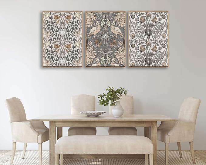 Large Retro Framed Wall Art - Natural Float Framed Vintage Flowers Canvas William Morris Painting Pictures Rustic Floral Pattern Prints Artwork for Living Room Bedroom Office Decor 60" X 28" Set of 3