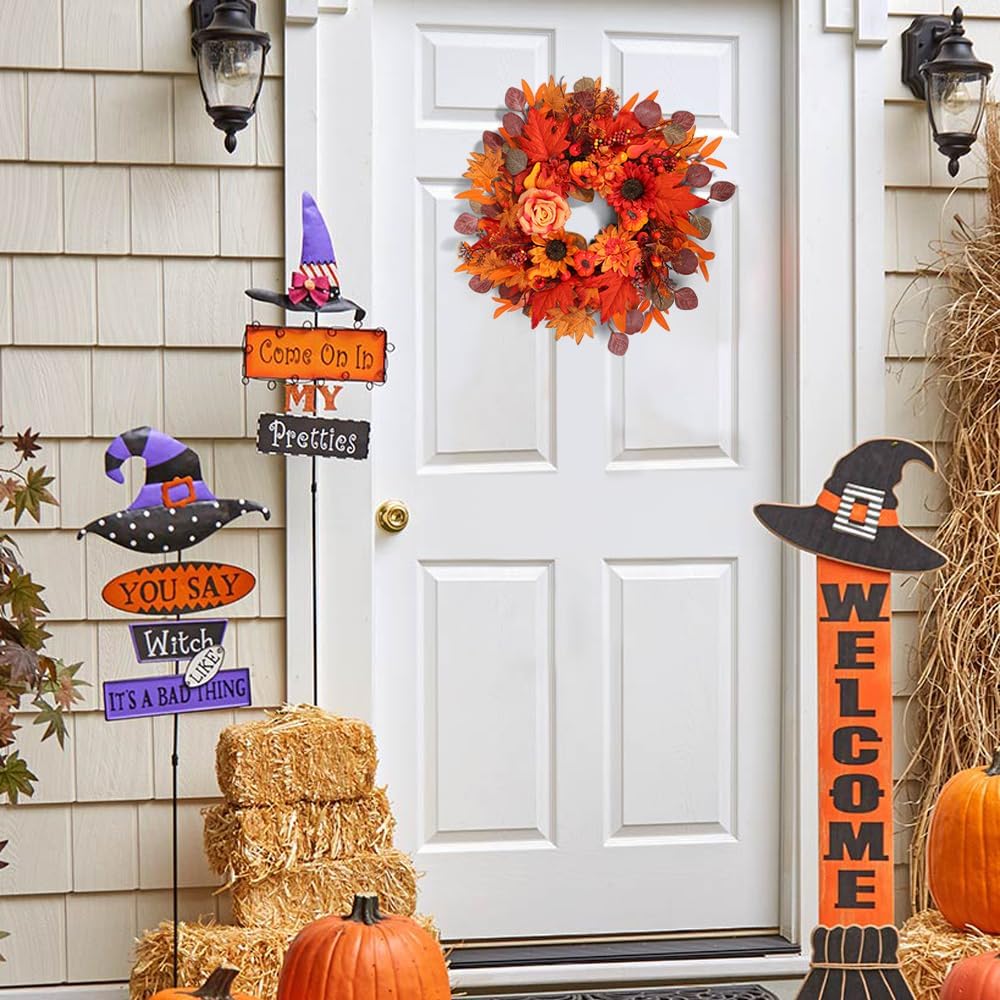 24" Fall Wreath for Front Door Outside - Sunflower, Pumpkin, Berry & Maple Leaves | Weatherproof Autumn Outdoor Wreaths with Hanger Hook for Thanksgiving, Harvest