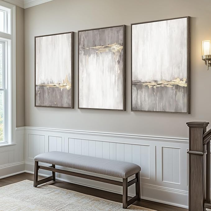 Framed Grey White Abstract Wall Art for Living Room, 3 Piece Large Gold Neutral Canvas Prints Artwork for Walls, Gray Modern Minimalist Paintings Pictures for Home Office Hallway Wall Decor, 24X36 In