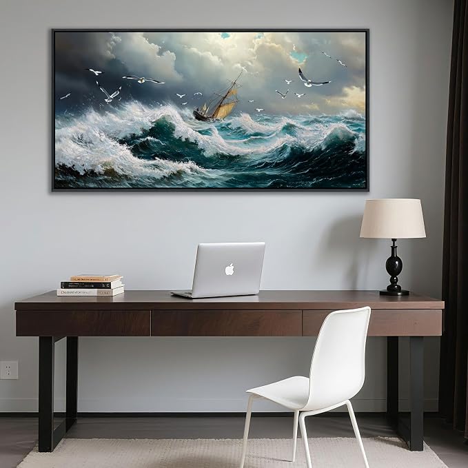 YDYSUNE Ocean Wall Art - Retro White Canvas painting Sailboat Wall Decor Textured Picture Artwork Nautical Adventurer Painting Coastal Art Framed for Living Room Bedroom Home 24x48inch