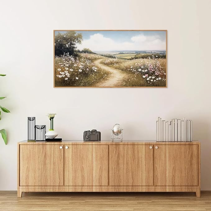 Rantodecor Rustic French Country Framed Canvas Wall Art, Vintage Flower Field Wall Decor, Calming Nature Landscape Art Paintings, Modern Wildflower Artwork for Farmhouse Bedroom Living Room 40"x20"