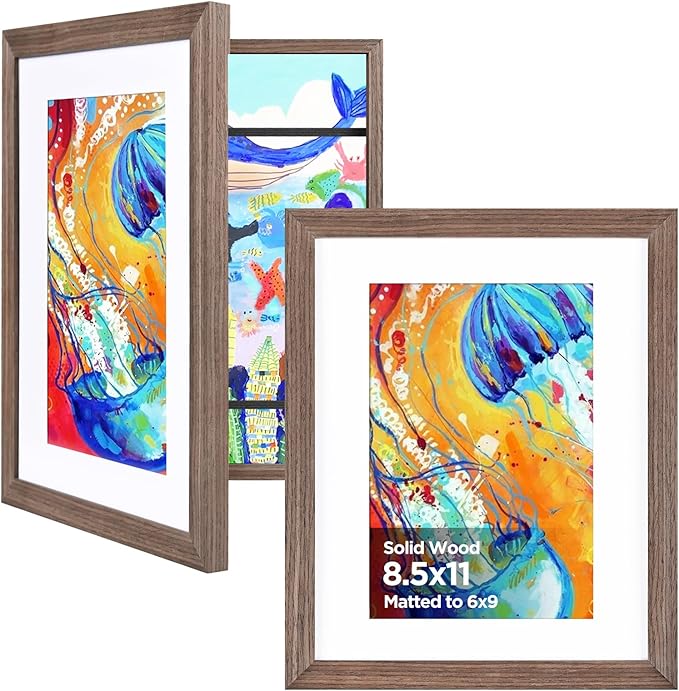 KINLINK 8.5x11 Kids Art Frame Set of 2, Solid Wood Kids Artwork Frames Changeable with Front Opening Hold 150 Pictures, Art Frames for Kids Art with Mat，without Mat 8.5x11 Picture Frame Brown Wood