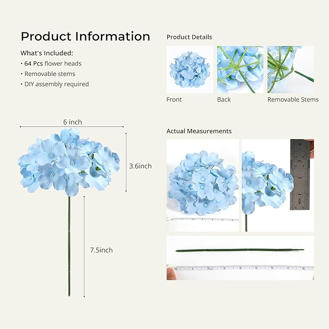 Auihiay 64pcs Silk Hydrangea Artificial Flowers, Artificial Hydrangea Flowers with Stems, Full Hydrangea Flowers for Wedding Centerpieces, Home, Garden, Party Decoration (Blue)