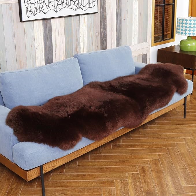 IRIWOOL Premium Genuine Fur Sheepskin Rug Real Australia Sheepskin Natural Luxury Fluffy Lambskin Fur Area Rug Seat Covers for Kids Bedroom Sofa Chair Cover (Mocha, Double Pelt/2ft x 6ft)