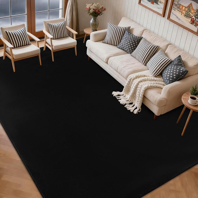 qulint Black Rug for Bedroom 4x6, Washable Thickened Memory-Foam Indoor Rug for Living Room, Minimalist Modern Carpet Non Slip Comfy Alfombras for Student Kid Room Nursery College Dorm Home Decor
