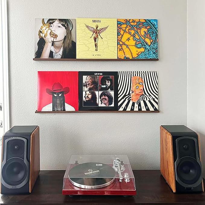 Vinyl Record Shelf - Three 3-Feet Long Display Shelves Made of Solid Walnut - A Wall Mount for Your Favorite Records -This Vinyl Record Holder Fits All Records (Walnut)