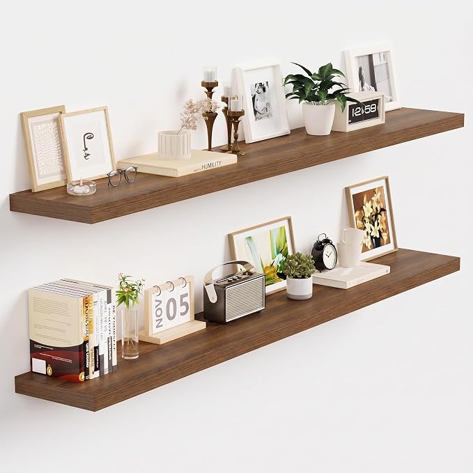 Vivelove Walnut Floating Shelves 48 Inches Long, Wall Display Shelves with Invisible Brackets, for Bathroom Living Room Kitchen Bedroom Office Farmhouse Home Decor, 48x9.3X 1.5 - Set of 2, Walnut