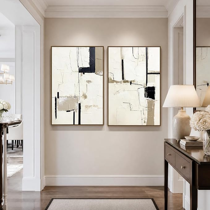 SAFERRYHOME Neutral Abstract Hand Painted Wall Art Textured, 24"x36"x2 | Large Black and Brown Framed Wall Decor, Modern Minimalist Painting Geometric Texture Artwork for Home Office Living Room