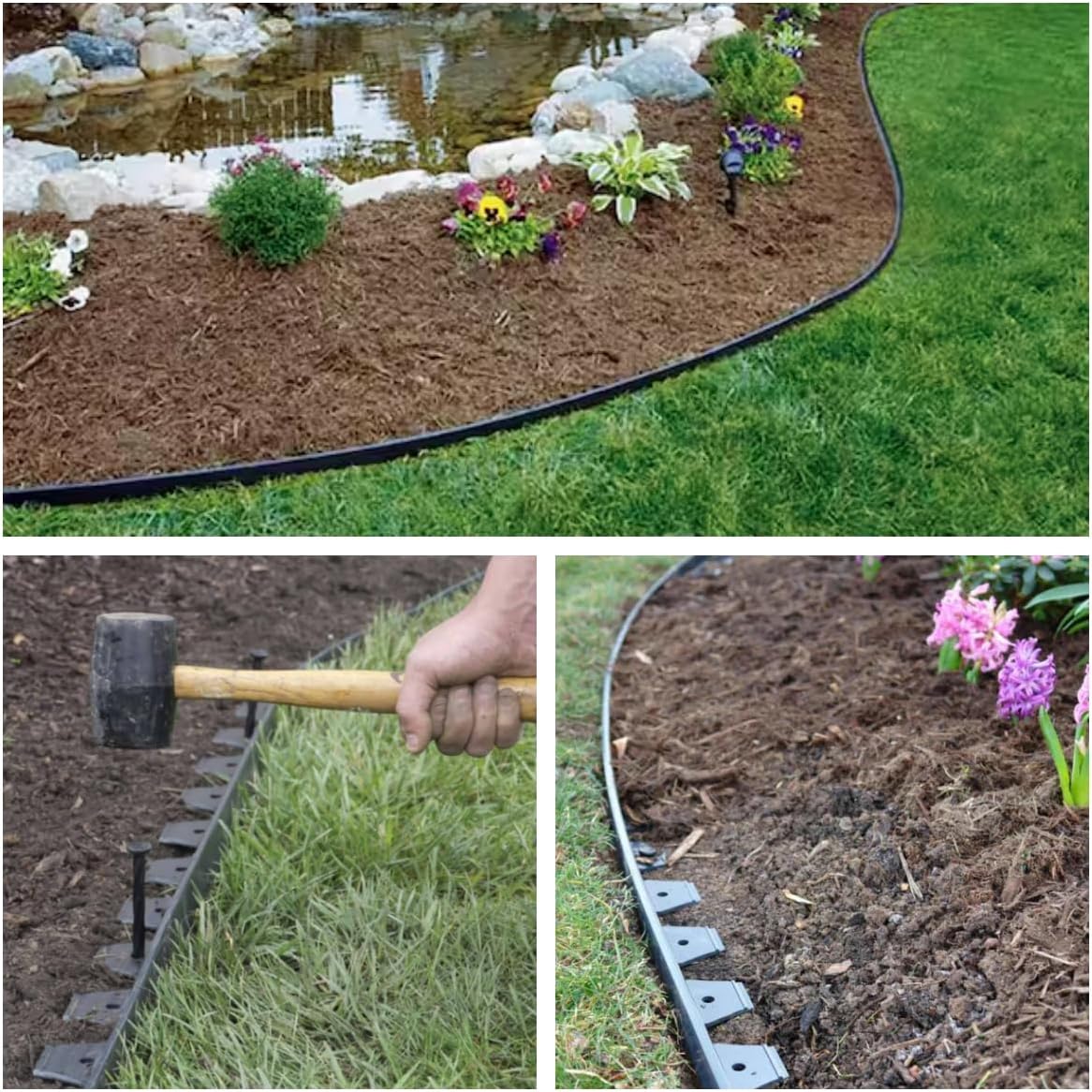 No Dig Durable Garden Landscape Edging Kit, 2 Inch Tall Black Plastic Lawn Border with 72pcs Anchoring Spikes for Landscaping, Flower Gardens, Lawn (60FT+72pcs Anchoring Spikes)