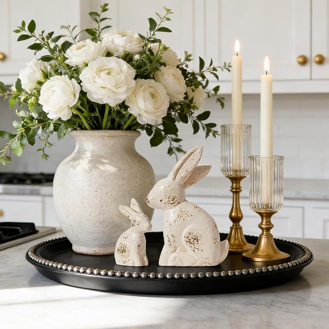 DN DECONATION Easter Decorations White & Gold Bunny Decor Rabbit Figurines, Wabi Sabi Easter Bunny Statue Set of 2 for Spring Tabletop Home Decor Farmhouse Shelf Mantel, Pressed Wood Sculpture