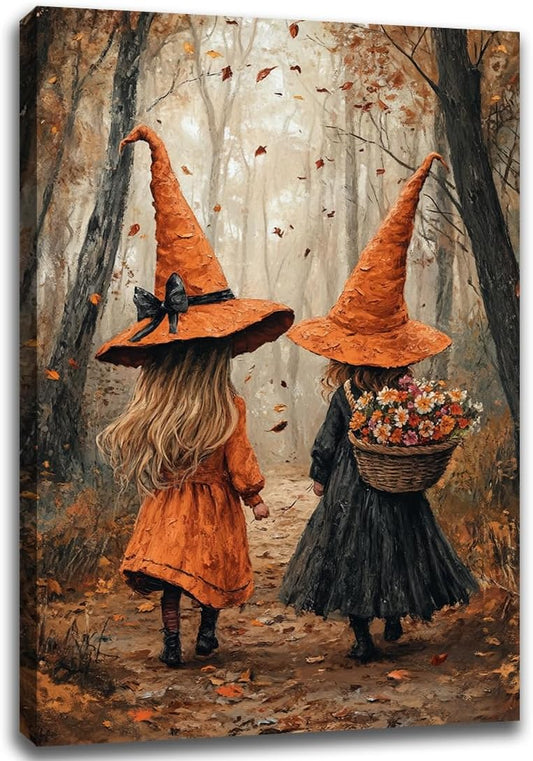 Fall Wall Art Witch Picture Decor,Little Girl Witch Halloween Wall Art, Vintage Autumn Whimsical Woodland Forest Picture, Family Room Nursery Playroom Children Room Decoration,8"x12" Framed