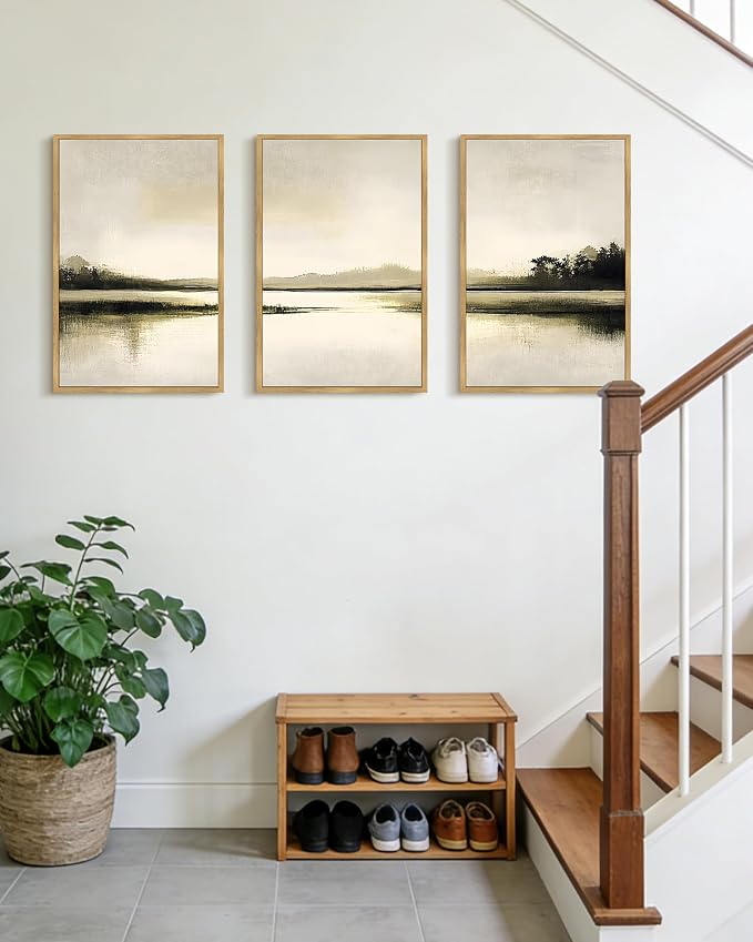 PHOPAGO Abstract Lake Landscape Framed Wall Art Large 16x24in Watercolor Nature Wilderness Paints Nordic Neutral Tan Illustration Decorative - Natural Framed