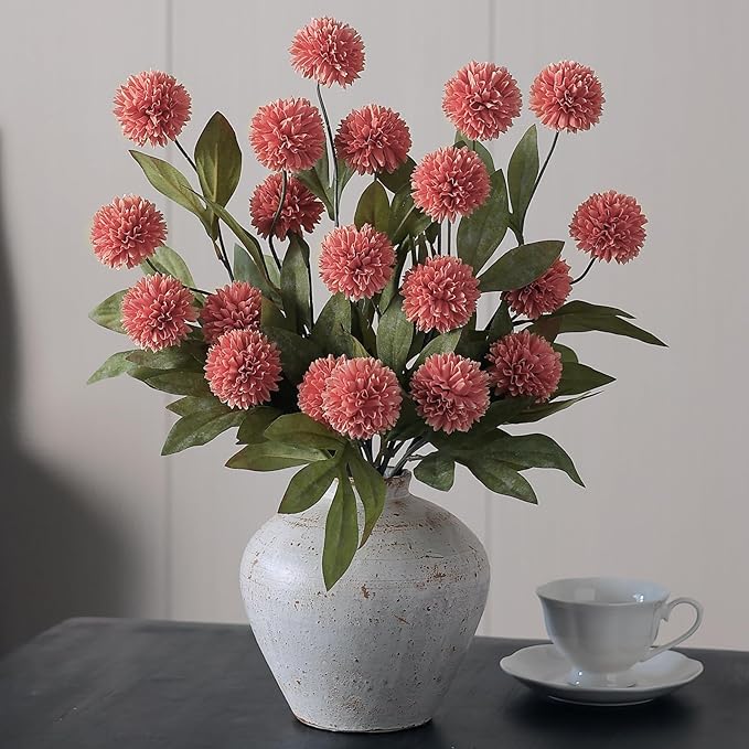 VIERENA 12 Pcs Faux Silk Pompon Mum Artificial Flowers for Vase -27", Bulk Fake Chrysanth Branches with Stems for DIY Bouquet Centerpieces Wedding Fillers Arrangements Shower Decorations (Dusty Pink)