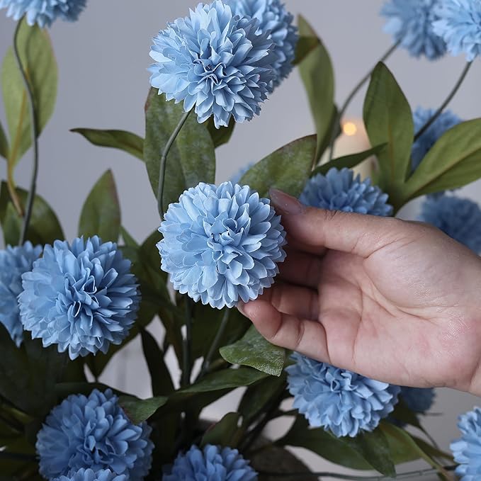 VIERENA 12 Pcs Faux Silk Pompon Mum Artificial Flowers for Vase -27", Bulk Fake Chrysanth Branches with Stems for DIY Bouquet Centerpieces Wedding Fillers Arrangements Shower Decorations (Dusty Blue)