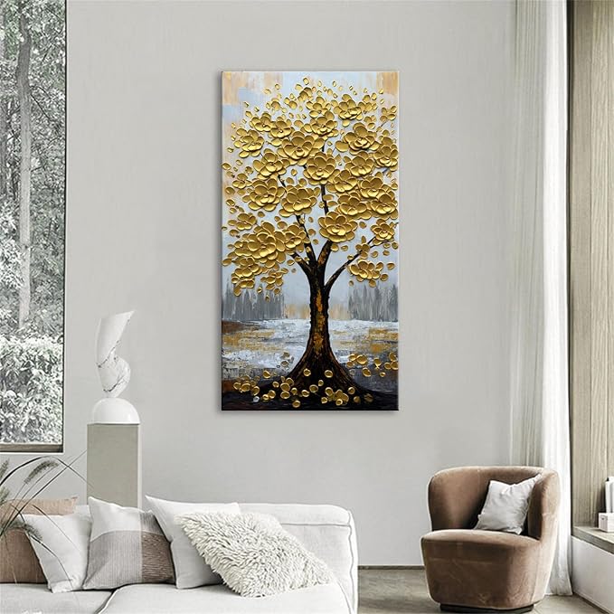 zoinart 3D Modern Oil Paintings, Gold Fortune Tree Painting, Abstract Vertical Canvas Wall Art, Floral Wall Painting for Dining Room Hallway Living Room Wall Decor 48x24 Inches