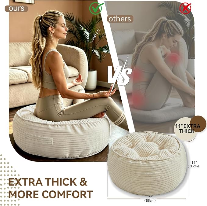 11" Washable Round Floor Pillow for Adults Thick Meditation Cushion for Sitting Large Yoga Pillows on Floor Ottoman to Elevate Leg for Tatami Living Room, 22x22 Inch, Cream