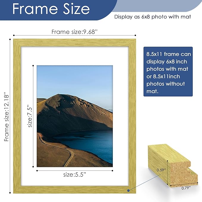 PEALSN 8.5 x 11 Picture Frame Set of 6, Display Pictures 6x8 with Mat or 8.5 x 11 without Mat for Wall Mounting Display, Photo Frames Collage for Wall Decor, Gold