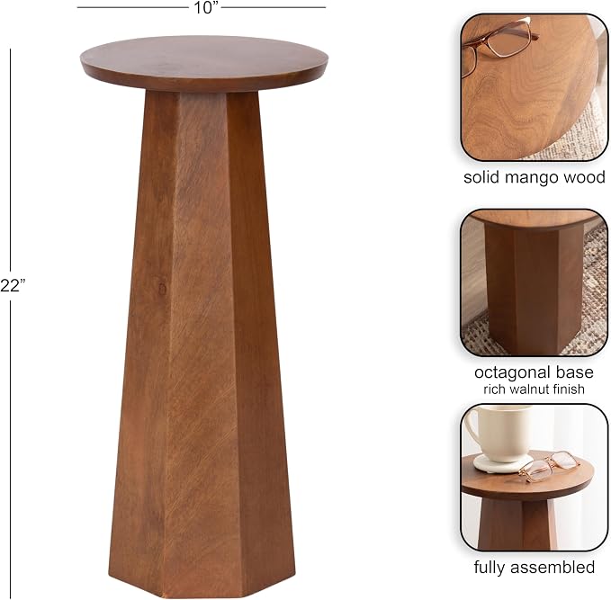 Kate and Laurel Hemingson Modern Mango Wood Round Drink Table, 10 x 10 x 22, Walnut Brown, Mid-Century Circle Pedestal Table for Use as Bedroom Nightstand, Indoor Plant Stand, or Living Room Accent