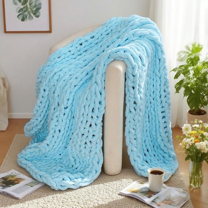 Handmade Chunky Knit Blanket, Cosy Chenille Throw (Blue, Throw (50" x 60"))