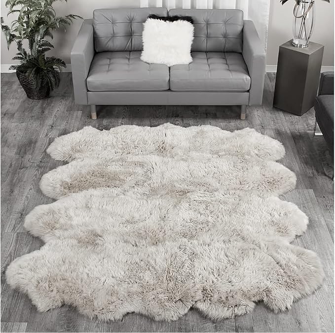 HUAHOO Premium Genuine Sheepskin Rug Real Australia Sheepskin Natural Luxury Fluffy Lambskin Fur Area Rug Seat Covers for Kids Bedroom Sofa Chair Cover Pets Dogs Mat Eight Pelt /6.2' x 7' Linen