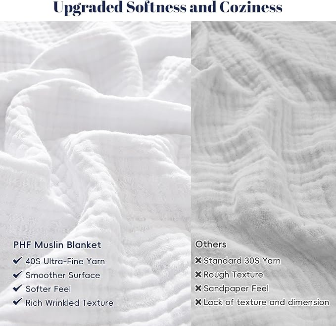 PHF 100% Cotton Muslin Throw XL Blanket Large 50" x 70", 4-Layer Lightweight Gauze Throw, Breathable Cloud-Soft Minimalist Blanket for Bed, Couch, Camping & Baby, White, Ideal Gift