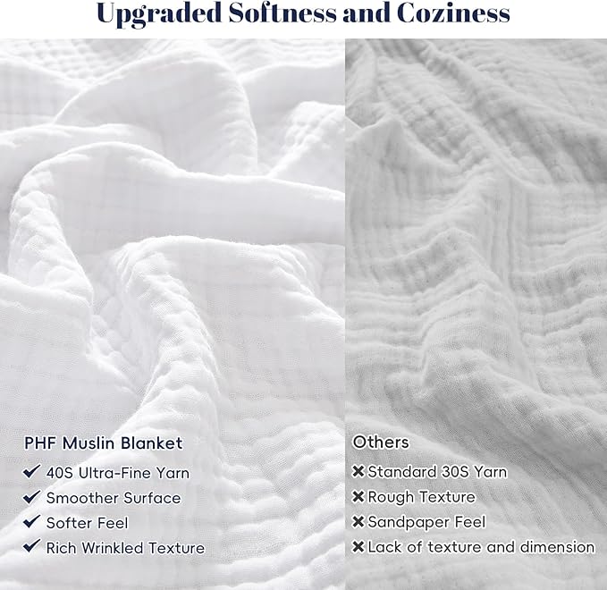 PHF 100% Cotton Muslin Blanket King Size 108"x90", 4-Layer Lightweight Gauze Throw, Breathable Cloud-Soft Minimalist Blanket for Bed, Couch, Camping & Baby, White, Ideal Gift