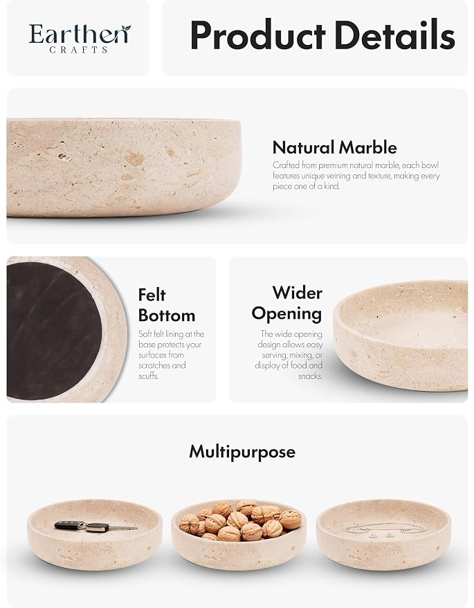 Marble Decorative Bowl 8" Inches Travertine Key Bowl for Entryway Natural Stone Fruit Bowl For Kitchen Counter, Serving Bowl For Coffee Table, Modern Home Centerpiece Decor