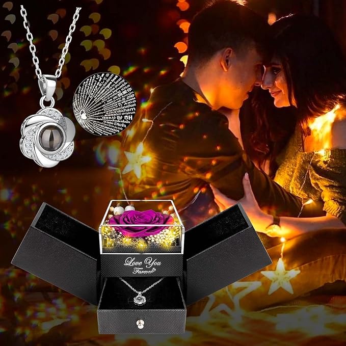 ENERLEAF Preserved Purple Real Rose-Eternal Flowers Rose Gifts for Mom Grandma Wife Girlfriend on Mothers Day Birthday Valentines Christmas Anniversary Romantic Gifts for Her with I Love You Necklace