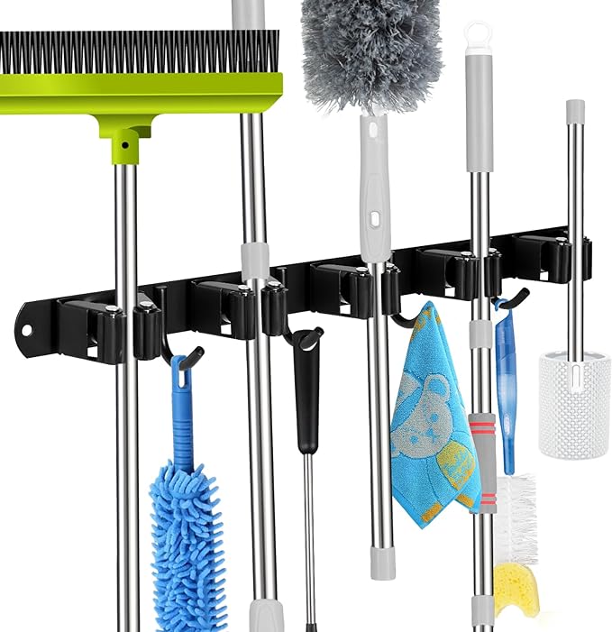 voze 5 Racks and 4 Hooks Mop and Broom Holder Wall Mount, Self Adhesive Heavy Duty Broom Hanger Organizer Storage Tool Racks for Kitchen Garden Laundry Garage Black