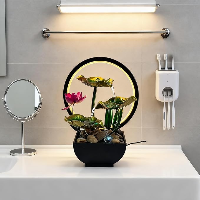 AOZITA Tabletop Fountain, Indoor Waterfall Fountain, Small Home Décor Zen Relaxation Soothing Sound Machine for Office, Living Room, or Bedroom, Green Metal Lotus with Flower, River Rocks, Round LED