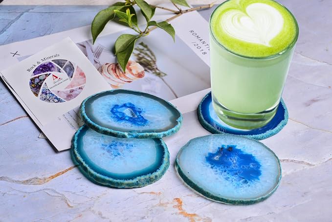 AMOYSTONE 4pcs Agate Gemstone Coasters Cup Holders Drinks Stone Mat Light Blue 4-5" with Rubber Bumper