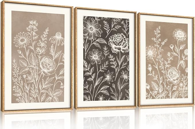Neutral Boho Flower Framed Canvas Wall Art Set,Vintage Moody Rose Peony Daisy Wildflower Decor,Modern Natural Brown Black Floral Botanical Artwork for Living Room,Bedroom,Farmhouse-16 x24 x3