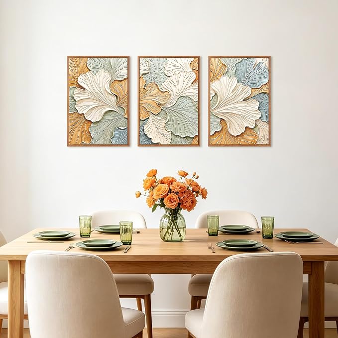 CHDITB 3D Impasto Textured Ginkgo Leaf Relief Framed Canvas Wall Art Set, Neutral Earth Tone Pastel Minimalist Wall Decor, Modern Art Prints for Living Room Hallway Bedroom Home Decor 16"x24"x3