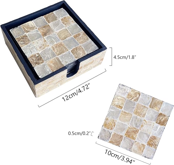 6 Pack Mother of Pearl Squre Coasters with Holder, Seashell Inlay Square Cup Holders with Organizer, Decorative Coasters Capiz Shell Trivet for Coffee Table, 5", I-lan (Mosaic)