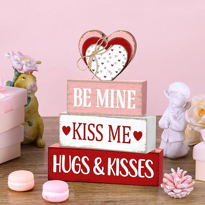 Marsui 4 Pcs Valentine's Day Decorations for Home Heart Table Decor Rustic Distressed Wooden Signs Valentines Centerpieces Blocks Farmhouse Valentines Tiered Tray Decor for Desk Shelf Mantel Indoor
