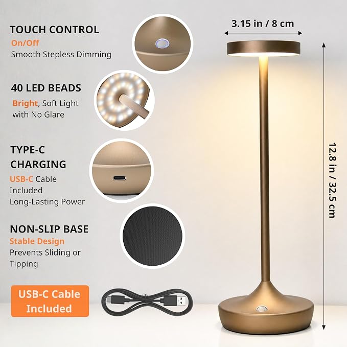 Cordless Table Lamps, Rechargeable 6000mAh LED Desk Lamps, Up to 60 Hours, Touch Control with 3-Level Dimming, Portable Waterproof Lights for Restaurant, Dining Table, Patio & Home (Bronze)